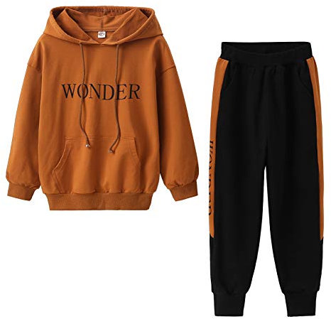 YFPICO Kinder Mädchen Trainingsanzug Jogginganzug Sportanzug 2tlg Jogging Anzug Bekleidungsset Freizeitanzug Outfit-Set(Sweatshirt + Sweathose) Briefe Streifen Design, Braun, 122-128 (Label 130)