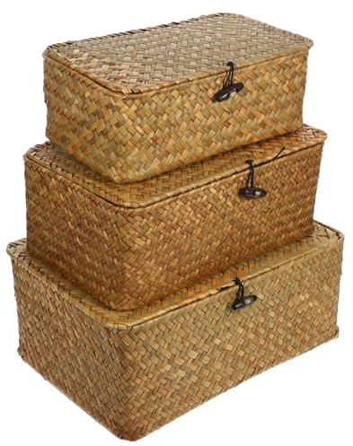 Veemoon Aufbewahrungskorb aus Seegras mit Deckel, rustikales Weidenregal, Körbe, handgewebter Korb, Aufbewahrungsbehälter, quadratische Rattan-Organizer-Box (S, , L, drei Größen)