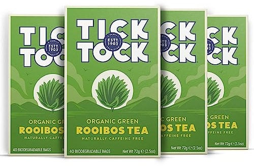 Tick Tock Organic Green Tea Bags Rooibos, Naturally Decaf Green Tea Bags, Caffeine-Free, Pack of 4x 40 (160 Teabags) Biodegradable, Redbush