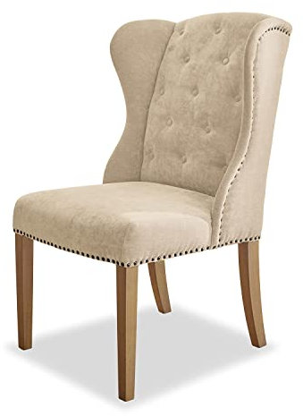 Loberon Stuhl Remi, klassisches Ohrensessel-Design, stilecht mit Nieten & Knöpfen, Sitzmöbel, Esszimmerstuhl, Baumwolle, Eisen, Buchenholz, beige