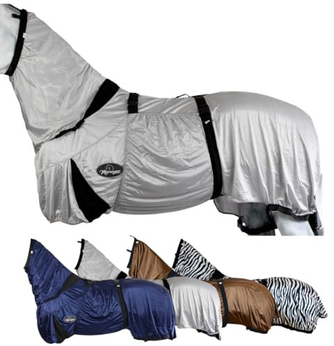 Marengos - Ekzemerdecke mit Halsteil & Bauchlatz – Fliegendecke aus feinmaschigem Gewebe – Schutz v. Insekten – doppelter Frontverschluss & Gehfalte – Pferdedecke in Silbergrau – 125cm