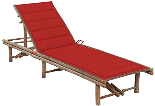 SKTQYQO Sonnenliege für den Garten aus Bambus mit rotem Kissen, 2 Sitzplätze, verstellbare Rückenlehne, 3 Positionen zum Entspannen und Sonnen, robustes Material und leicht zu reinigen, ideal