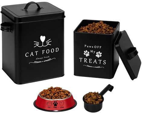 Meraki Home Farmhouse Cat Food and Treats Containers + Feed Scoop + Pet Food Bowl - Tight Lids - Large Metal Storage Bin - Great Gift for Cute Pets (Matte Black)