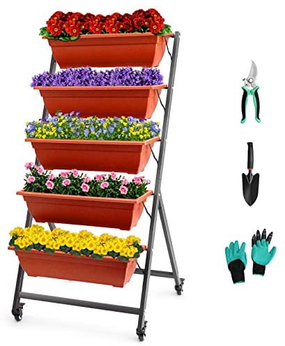 EDOSTORY 4.5 FT Height Vertical Garden Planter Removable Brick Red Raised Bed Box with 5 Container Boxes,Digging Claw Gloves,Trowel,Purning Shears for Outdoor Vegetables Flowers