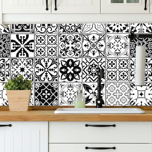 24pcs Moroccan Tile Stickers 15x15cm Bathroom Tile Stickers for Kitchen Transfers Cover Stick On Tiles Peel and Stick Wall Decals Waterproof 6x6,Black and White