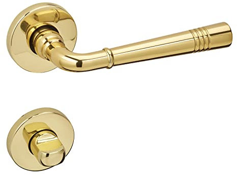 1 Set Türdrücker FREJA Messing poliert Bad (WC) Türdrücker auf Rund Rosettengarnitur Badezimmer-Garnitur mit Befestigungsmaterial von Sotech