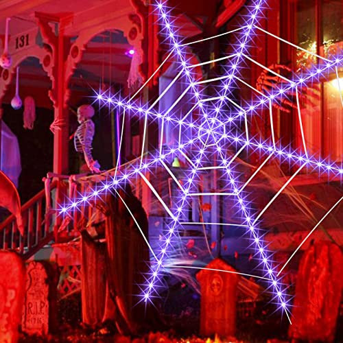 12Ft Giant Spiderweb Halloween Decorations with 120 Purple LED Lights,Battery Operated Waterproof Net Light Scary Large Triangular Huge Spider Web Yard Lawn Party Decor Props Outdoor Indoor Home Decor
