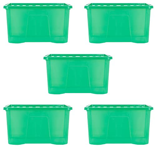 Wham Crystal 5x 60L Plastic Storage Boxes with Lids. Large Size, Strong (Pack of 5, 60 Litre). Made in the UK (Tint Leprechaun Green)
