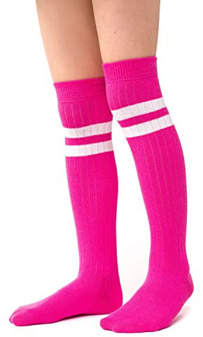 STEVEN Chaussettes Hautes pour Filles Chaussettes Hautes en Coton la Loupiotte Le Mi-bas Longues pour Adolescent Au-dessus du Mollet Sous le Genou EU 26-28 Rose à rayures blanches