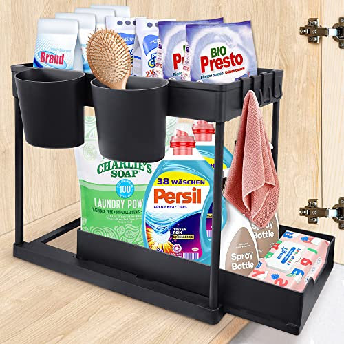 Organizador Bajo Fregadero 2 Niveles, Deslizante Organizador Cocina, Extraíble Estante Almacenamiento con 4 Ganchos y 2 Cesta Colgante para Cajones, Cocina, Baño