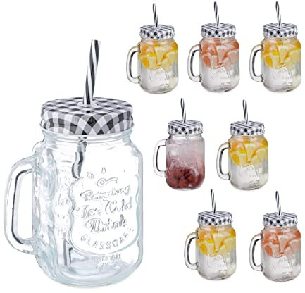 Relaxdays Jarras con Tapa y Pajita, Set de 8, Diseño a Cuadros, 500 ml, Verano, Vasos Veraniegos con Asa, Negro
