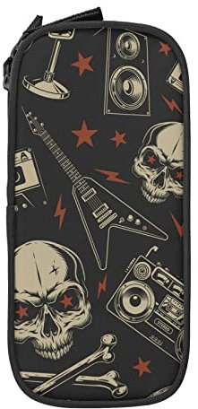 Oudrspo Federmäppchen mit großem Fassungsvermögen, Totenkopf, Musik, Rock, Heavy Metal, Tod, Schwarz, Federmäppchen, Stifteetui für Mittel-/Hochschule, Büro, College, Erwachsene, Mädchen und Jungen