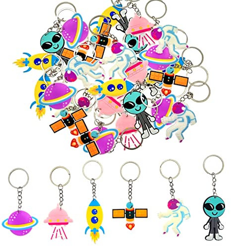 JZK 30x Astronaut Thema Party Dekorationen Weltraum Thema Party Zubehör UFO Alien Rocket Schlüsselanhänger Set Kinder Geburtstag Party Gefälligkeiten Kinder Party Dankeschön Geschenk