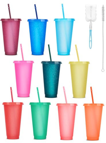 10 Reusable Cup with Straw and Lid 24OZ Plastic Cups Reusable Colorful Glitter Tumblers for Cold Drinks Iced Coffee Cup Cold Cup with Lid and Straw Cup Set & Brush, Party Tumbler Travel Mug 10 COLORS
