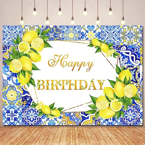 Ayayiya Lemon Birthday Backdrop Lemon Party Decorations,Blue Tiles Morocco Mediterranean Backdrops Italy Lemon Birthday Banner Photography Background for Happy Bday Supplies Photo Booth Props 7x5ft