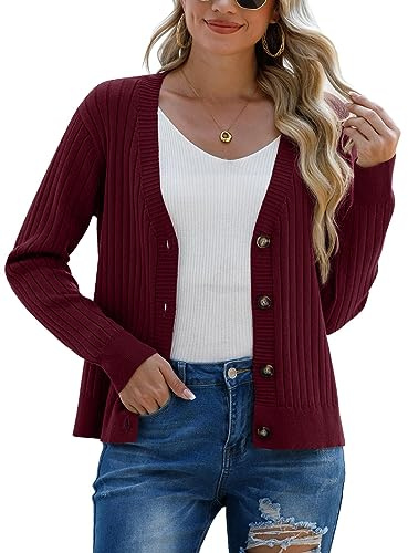 PrinStory Cardigan da donna aperto davanti lavorato a maglia a maniche lunghe maglione casual con bottoni donna a maniche lunghe cardigan, rosso vivo, L