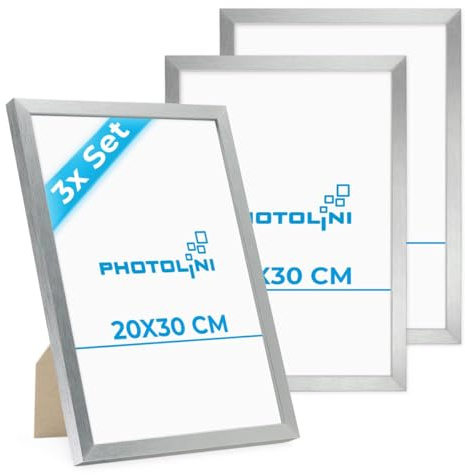 PHOTOLINI Bilderrahmen 20x30 Silber MDF-Holz, 3er Set Poster-Bilderrahmen 30x20 cm, bruchsicheres Acrylglas, zum Aufhängen & Aufstellen, extra Zubehör - für Fotos & Poster