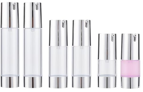 BENECREAT 6 pièces 3 Tailles Bouteilles de Pompe à Vide Vides, 15 ML 30 ML 50 ML (0.5 oz 1 oz 1.69 oz) Type de Tête Argentée Pompe à Vide sans Air Bouteilles à Pression Pot Rechargeable