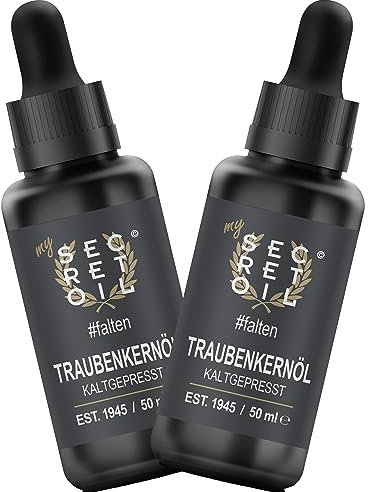 mySecretOil Traubenkernöl 100 ml (2 x 50 ml) #falten – kaltgepresstes Öl für Haare und Haut – strafft die Haut – kann Kollagenproduktion anregen – regeneriert trockenes und brüchiges Haar