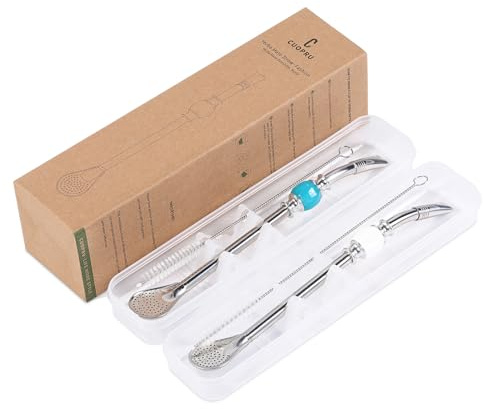 CUOPRU Yerba Mate Bombillas-Set – inklusive Mate Gourd Edelstahl-Trinkhalme mit Strohhalm-Etui, abnehmbarem Kopffilter, bunte Perlen, Reinigungsbürste (blau und weiß)