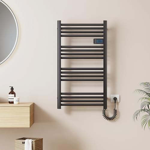 EMKE Elektrischer Handtuchheizkörper 960 x 540 mm, Badheizkörper Elektrisch mit Touchschalter Timer, Handtuchtrokner Handtuchwärmer Elektrisch Handtuchheizung Schwarz Matt 500W