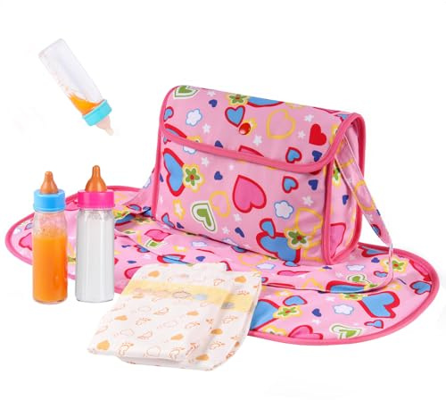 BABESIDE 5 Pcs Baby Diaper Bag Set with Magic Bottles, Baby Doll Accessories Includes Changing Mat, Diapers and Bottle with Disappearing Milk for 12-16 inches Dolls Kids Gift
