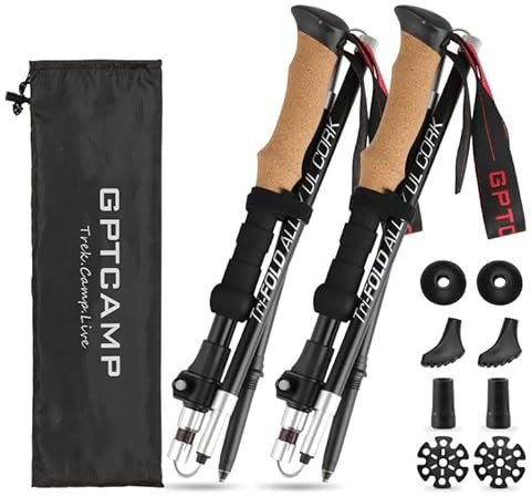 GPTCAMP Trekkingstöcke, zusammenklappbar, mit Kork-EVA-Griff, ultraleicht, Luftfahrt-Aluminiumlegierung, 7075 Trekkingstöcke mit Schnellverschluss-System für ältere Damen und Herren, 2-teiliges Set