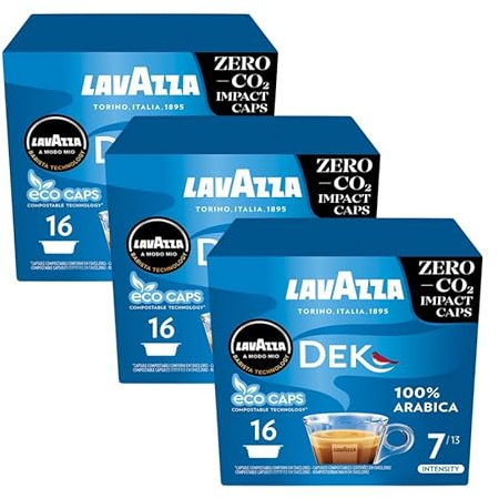 Lavazza A Modo Milo Compostable Dek Cremoso Coffee Capsules (16 Count) 120g - 3 Pack | Decaffeinated Medium Roast Arabica Ground Coffee for Espresso Machines