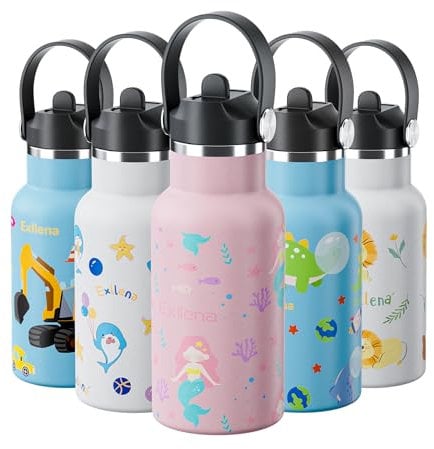 Exllena 350ml Stainless Steel Water Bottle Kids BPA Free with Straw - 100% Leakproof - Kids Insulated Water Bottle with Handle Lid - Easy to Use for Toddlers Girls Boys (Mermaid)