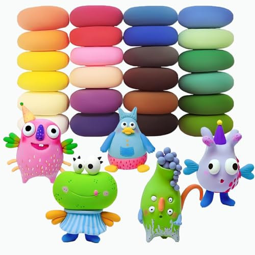 Modelliermasse lufttrocknend – 24 Farben Knete & selbsttrocknender Ton für Kinder – Kreatives DIY Set zum Basteln – Lufttrocknende Tonmasse als Geschenk – ab 3 Jahren