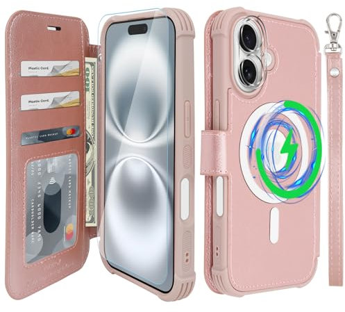 VANAVAGY Compatible for iPhone 16 Wallet Case for Magsafe Wireless Charging,Leather Flip Folio Wrist [Glass Screen Protectors and Camera Lens Protectors]with RFID Block Card Holder,Rose Gold