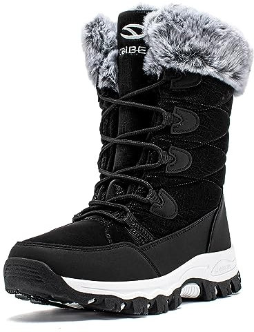 HOBIBEAR Damen Schneestiefel Leichtgewichtige Warme Kunstpelz gefüttert Wasserdicht Winter Mid-Calf Stiefel Schwarz，EU 39