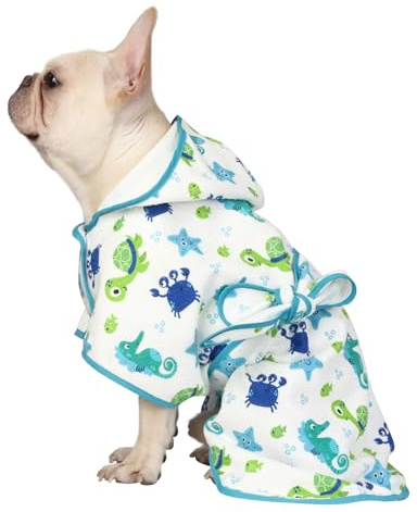 HDE Dog Bathrobe Super Absorbent Quick Drying Towel with Hood for All Dog Breeds Sizes S-XXL - Sea Animals - M