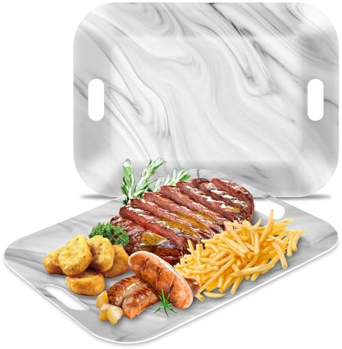 gisgfim 2Pcs Marble Serving Trays with Handles 16 x 11 Inch Large Melamine Tray Rectangular White Marble Serving Platter Grey Tray Melamine Dishes for Serving Food Outdoor Dinner Dessert Plates Party