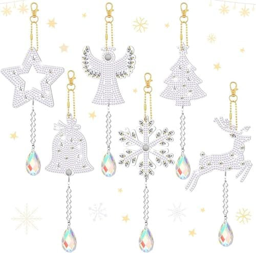 Funmo 6 Pièces Diamond Painting Noël, Pendentif de Peinture Diamants, Bricolage Porte Clés, Keychain Pendentif pour Téléphone, Pour Enfants Débutants (a)
