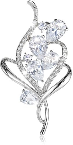 Psyqtsuary Silver Tone Crystal Floral Brooch Pin - Vintage Style Wedding Brooch for Women