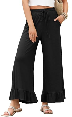 EVALESS Women's Wide Leg Pants Black Elastic High Waisted Ruffle Hem Palazzo Pants Comfy Lightweight Work Casual Trousers with Pockets Beach Vacation Clothes Large