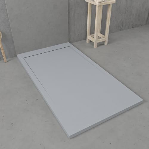 VAROBATH | Plato de Ducha URBANSTONE – Material Resina con Carga Mineral y Textura Pizarra Antideslizante C3 – Incluye Válvula Desagüe y Rejilla (Gris RAL7040, 80x100)