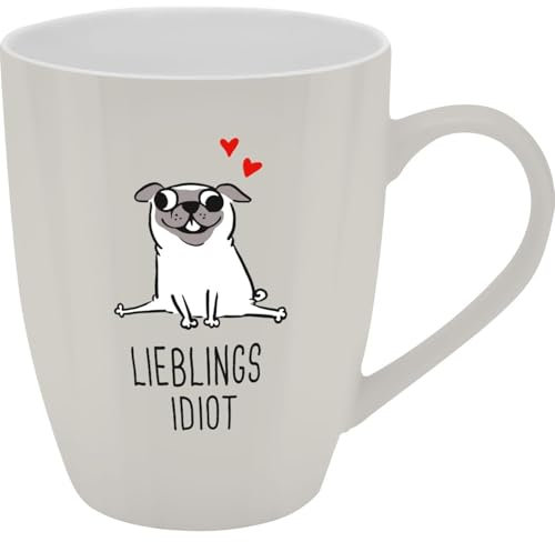 GRUSS & CO Becher mit Motiv Lieblingsidiot | Tasse mit Spruch, New Bone China Porzellan, 35 cl, mit Geschenkbaderole | lustiges Geschenk, Geburtstag | 74209
