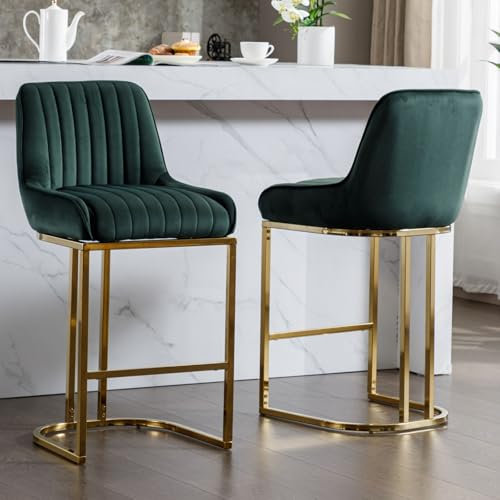 Ya-Home Barhocker 2er Set Barstuhl aus Samt tresenhocker mit goldenem metallbein gepolstert bistrohocker mit Rückenlehne Thekenhocker ohne armlehne für Kücheninsel/Hausbar, Grün