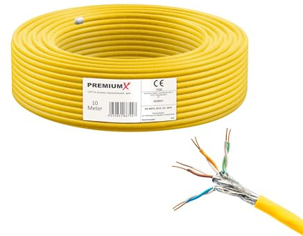 PremiumX 10m CAT 7A Netzwerkkabel Simplex LAN-Kabel Verlegekabel Ethernet Kupfer Datenkabel AWG 23 S/FTP PiMF PoE Eca Cat7A 1200 MHz Installationskabel Halogenfrei
