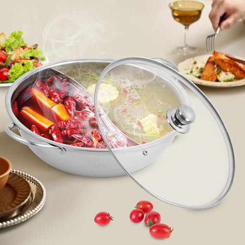Kochtopf-Set Suppentöpfe, Hot Pot Mit Trennwand, 2 Roste 2 Geschmacksrichtungen 28cm Edelstahl Hot Pot, mit Glasdeckel, für elektrische Induktion, Gasherd oder Grill