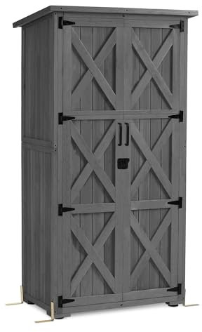 M MCombo Gartenschrank Holz, Gartenhaus Klein Wetterfest, Outdoor Gerätehaus Geräteschuppen, für Außenbereich Balkon Terrasse, 55×90×169cm, 0878EY-F (Grau)