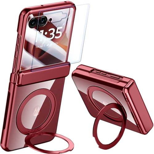 Klare Hülle für Motorola Razr 60 Ultra/70 Ultra mit Magnetischem Drehring-Ständer und Displayschutz & Scharnierschutz, Transparente Plattierung Kabellose Ladehülle für Razr 70 Ultra/60 Ultra(Rot)