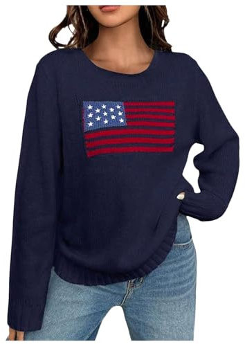 Generisch Pull à manches longues pour femme - Drapeau des États-Unis - Tricot - Jour du souvenir - Chemises amples pour femme 2025