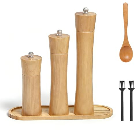 Neikafan 3-delat salt och pepparkvarn trä kryddkvarn-set (6 8 25 cm)