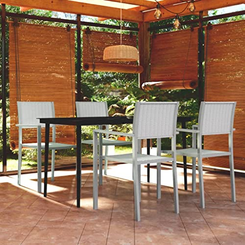Tonture 5-TLG. Garten-Essgruppe Weiß, 140x70cm Glastisch mit 4 Stapelstühlen, Pulverbeschichteter Stahl, Rattan-Optik, für Terrasse, Balkon, Außenbereich