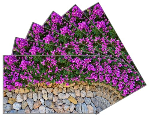 Wallario 6er Set Frühstücksbrettchen aus Glas, Glasunterlage, Glasbrettchen Mauer mit pinken Blüten, Größe 14 x 23 cm, Sicherheitsglas