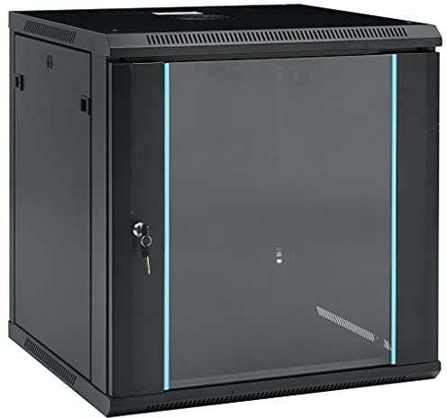 Teenpull Armadietto di rete 12U, montaggio a parete, 19 pollici, IP20, nero, 600 x 600 x 640 mm, in acciaio laminato a freddo con serratura, compatibile per NAS, archiviazione dati, RAID, rete