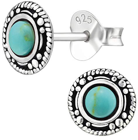 EYS JEWELRY Ohrringe Silber 925 Damen rund Ohrstecker oxidiert 7mm türkis Vintage Schmuck Geschenke für Frauen im Schmucketui